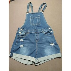 YMI Jean Overall Shorts Junior 11/30 Blue Denim Cuffed Farmer Distressed Pockets
